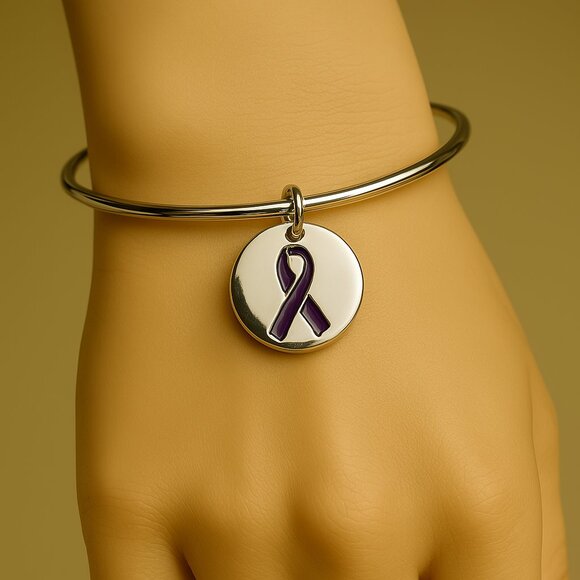 Vantel Pearls Silver Tone 7.5" Bracelet – Purple Awareness Ribbon Charm Jewelry - Picture 1 of 8